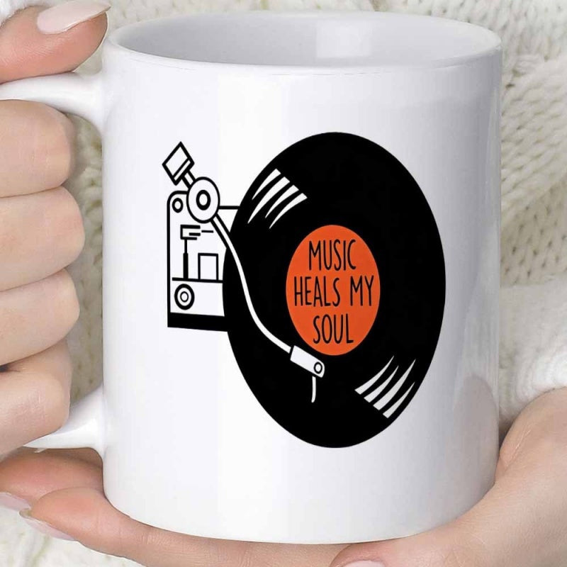 Tailorly White Ceramic 11 oz Mug - Music Heals My Soul Vintage Vinyl Record Spinning On A Modern Minimalist Turntable Base Turntable