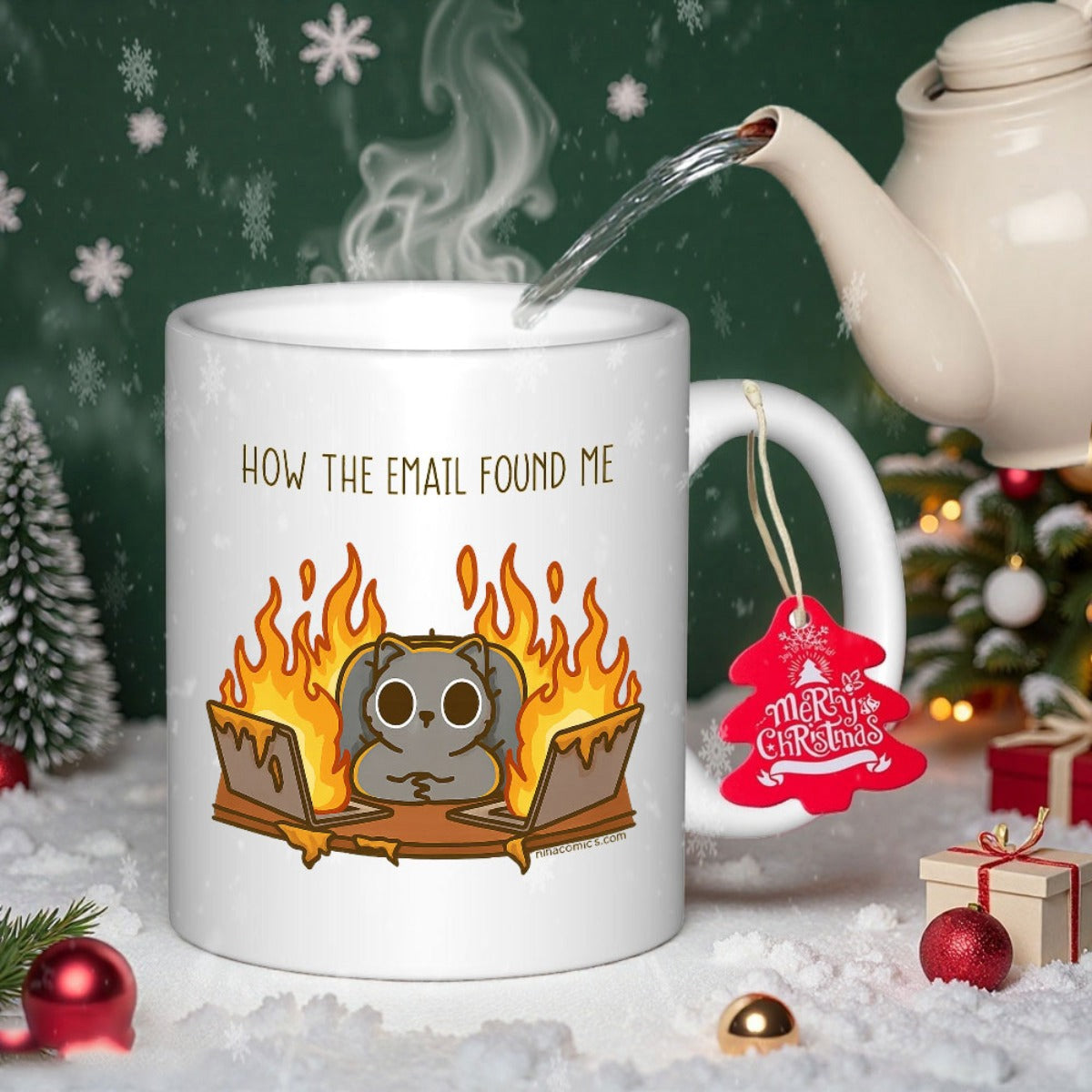 Tailorly White Ceramic 11 oz Mug - How The Email Found Me Cute Grey Character Sitting At Desk With Laptops Surrounded By Orange Flames Illustration
