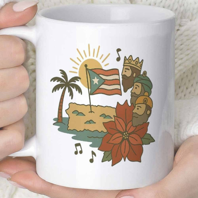Tailorly White Ceramic 11 oz Mug - Vintage Puerto Rico Christmas Celebration Under Radiant Tropical Sun Three Kings