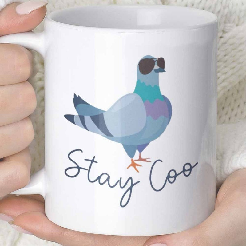Tailorly White Ceramic 11 oz Mug - Stay Coo Minimalist Flat Vector Illustration Of A Cool Bird Wearing Dark Sunglasses Pigeon