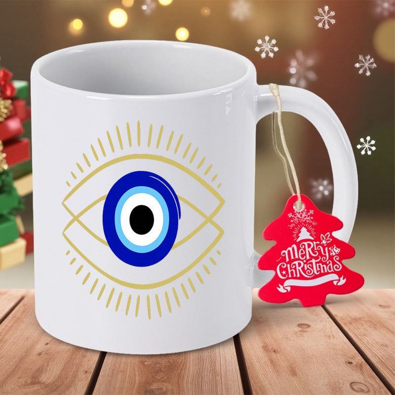 Tailorly White Ceramic 11 oz Mug - Merry Christmas Traditional Protective Talisman With Golden Rays And Concentric Circles Evil Eye