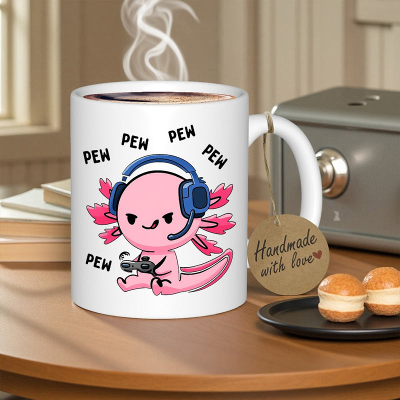 Tailorly White Ceramic 11 oz Mug - Pew Pew Cute Pink Cartoon Axolotl Wearing Blue Headphones Playing Video Games Axolotl
