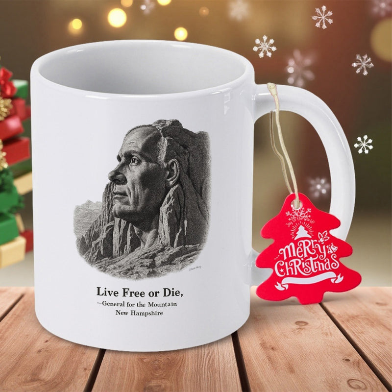 Tailorly White Ceramic 11 oz Mug - Live Free Or Die New Hampshire Vintage Monochrome Rock Formation Carved Into A Steep Granite Profile Mountain