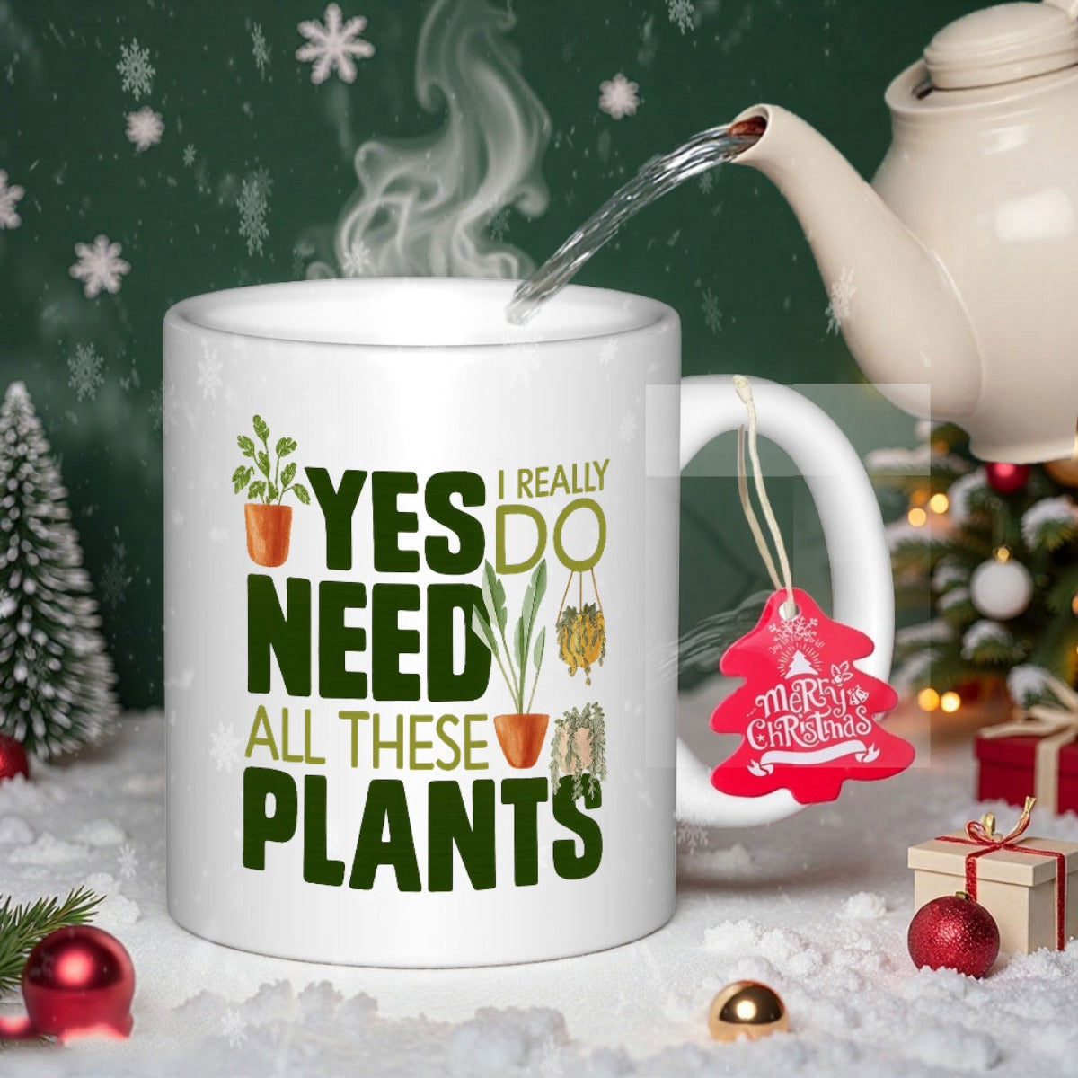 Tailorly White Ceramic 11 oz Mug - Yes I Really Do Need All These Plants Lush Green Potted Succulents And Leafy Foliage Growing Inside Decorative Ceramic Pots