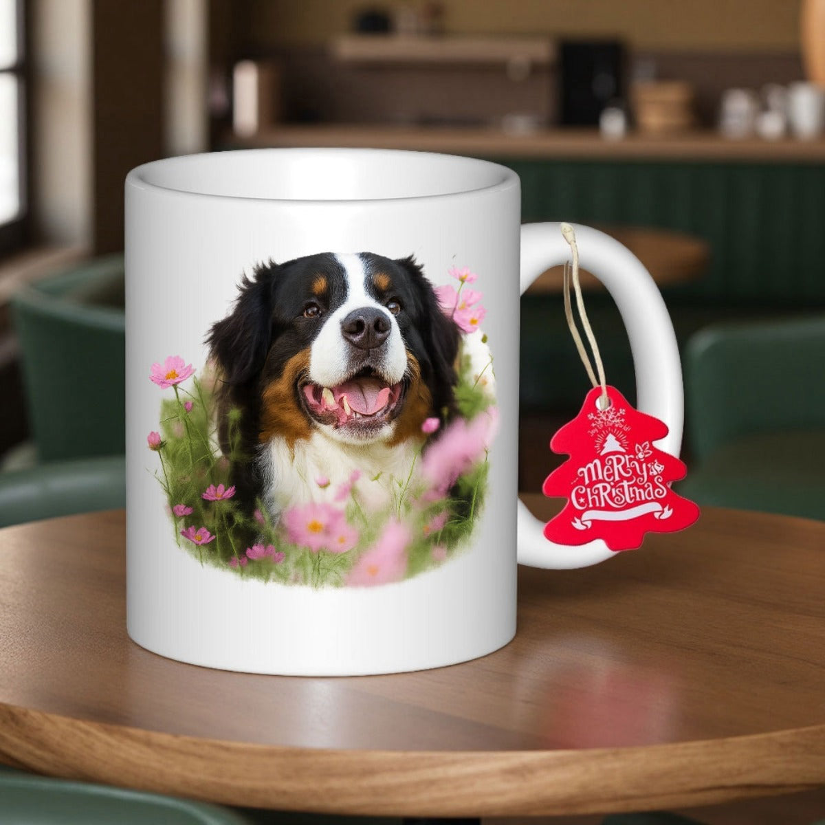 Tailorly White Ceramic 11 oz Mug - Merry Christmas Happy Bernese Mountain Dog Resting Among Soft Pink Spring Flowers Dog