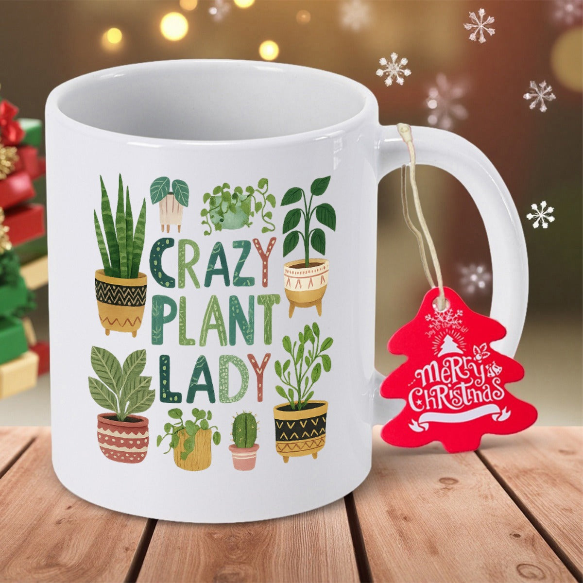 Tailorly White Ceramic 11 oz Mug - Crazy Plant Lady Various Green Potted Succulents And Leafy Botanical Herbs In Decorative Pots Plant