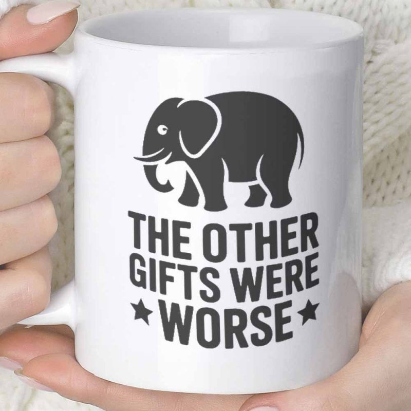 Tailorly White Ceramic 11 oz Mug - The Other Gifts Were Worse Minimalist Solid Black Silhouette Among Two Decorative Stars Elephant