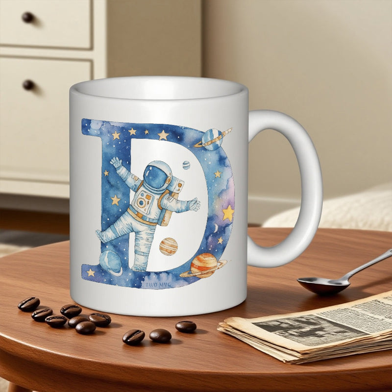Tailorly White Ceramic 11 oz Mug - D Floating Astronaut Amidst Twinkling Stars And Planets Inside Watercolor Alphabet Astronaut