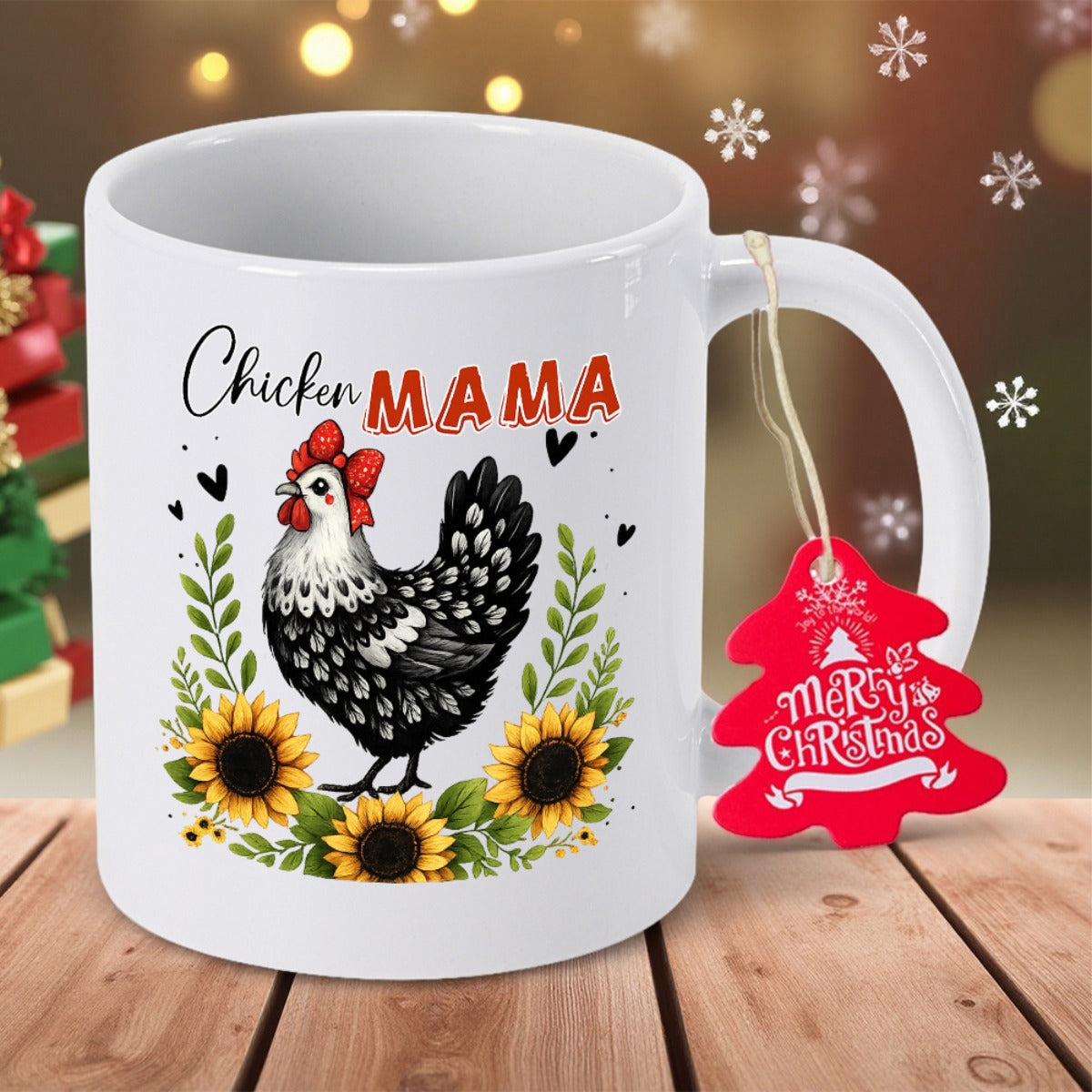 Tailorly White Ceramic 11 oz Mug - Chicken Mama Speckled Black And White Hen With Red Bow Surrounded By Sunflowers Chicken