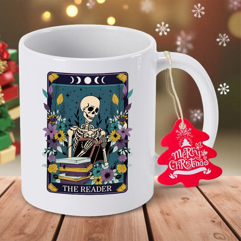 Tailorly White Ceramic 11 oz Mug - The Reader Mystical Floral Garden Surrounded By Celestial Moon Phases And Books Skeleton