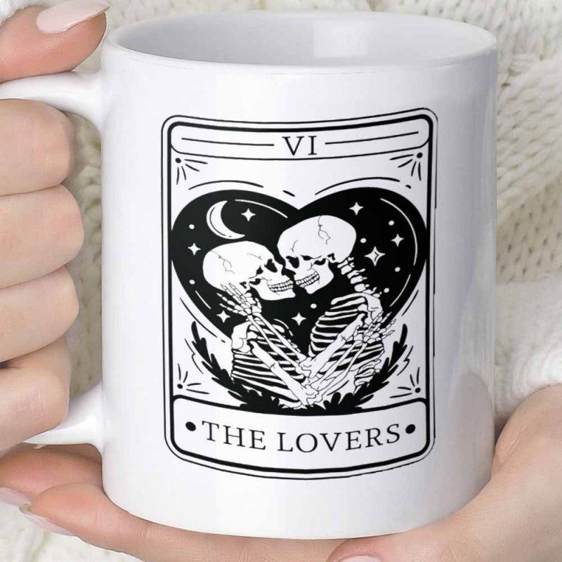 Tailorly White Ceramic 11 oz Mug - The Lovers Two Embracing Skeletons Inside Black Heart Under Moonlight Illustration