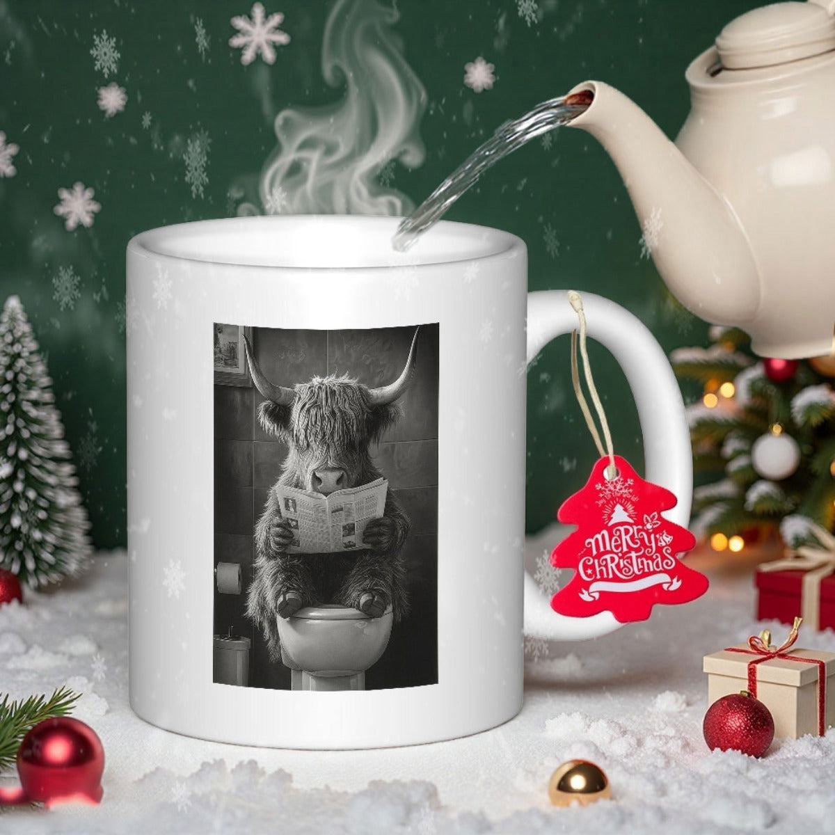 Tailorly White Ceramic 11 oz Mug - Humorous Hairy Highland Cow Sitting On Toilet Reading Newspaper Indoors Cow