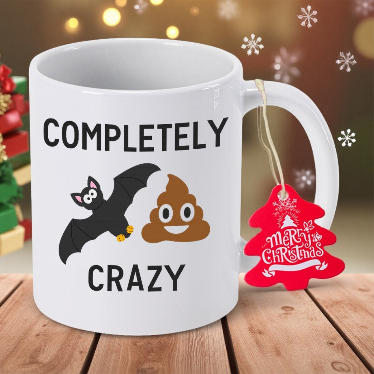 Tailorly White Ceramic 11 oz Mug - Completely Crazy Flying Cartoon Bat Beside A Smiling Brown Poop Emoji Mug