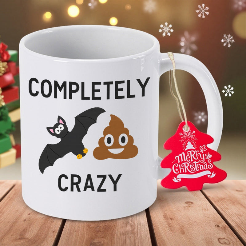 Tailorly White Ceramic 11 oz Mug - Completely Crazy Flying Cartoon Bat Beside A Smiling Brown Poop Emoji Mug