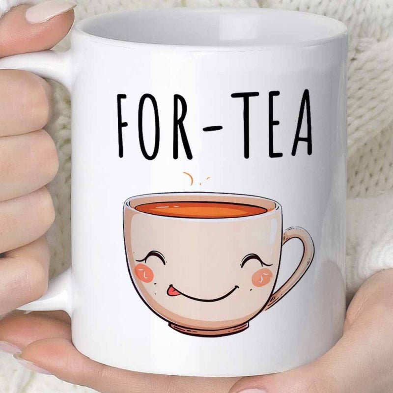 Tailorly White Ceramic 11 oz Mug - For Tea Cute Smiling Cartoon Teacup With Rosy Cheeks And Steaming Hot Liquid Teacup