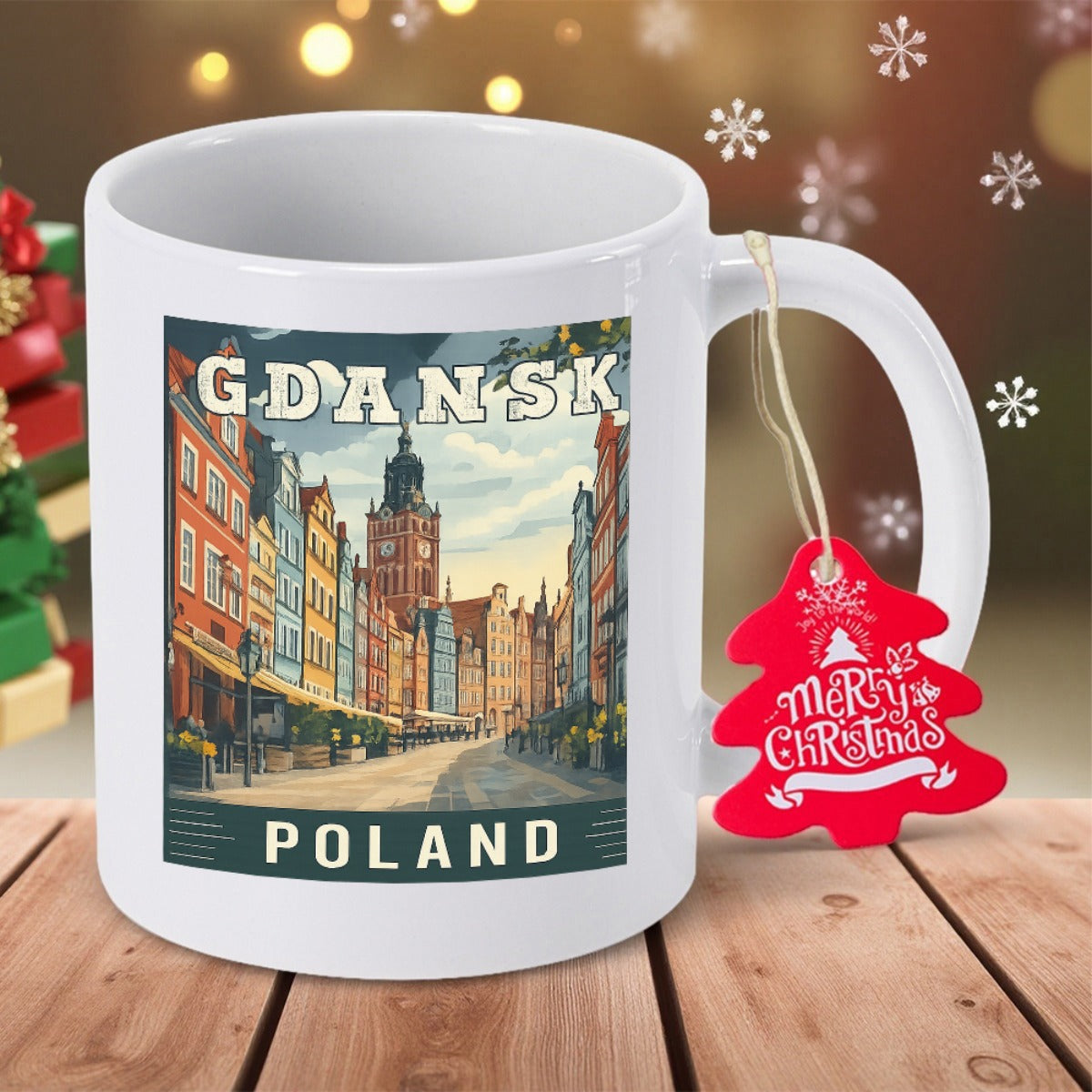 Tailorly White Ceramic 11 oz Mug - Gdansk Poland Vibrant Colorful Historic Buildings Lining A European Old Town Cobblestone Street Cityscape