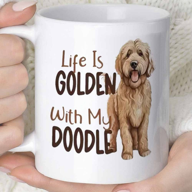 Tailorly White Ceramic 11 oz Mug - Life Is Golden With My Doodle Adorable Fluffy Golden Doodle Standing On A White Background Doodle