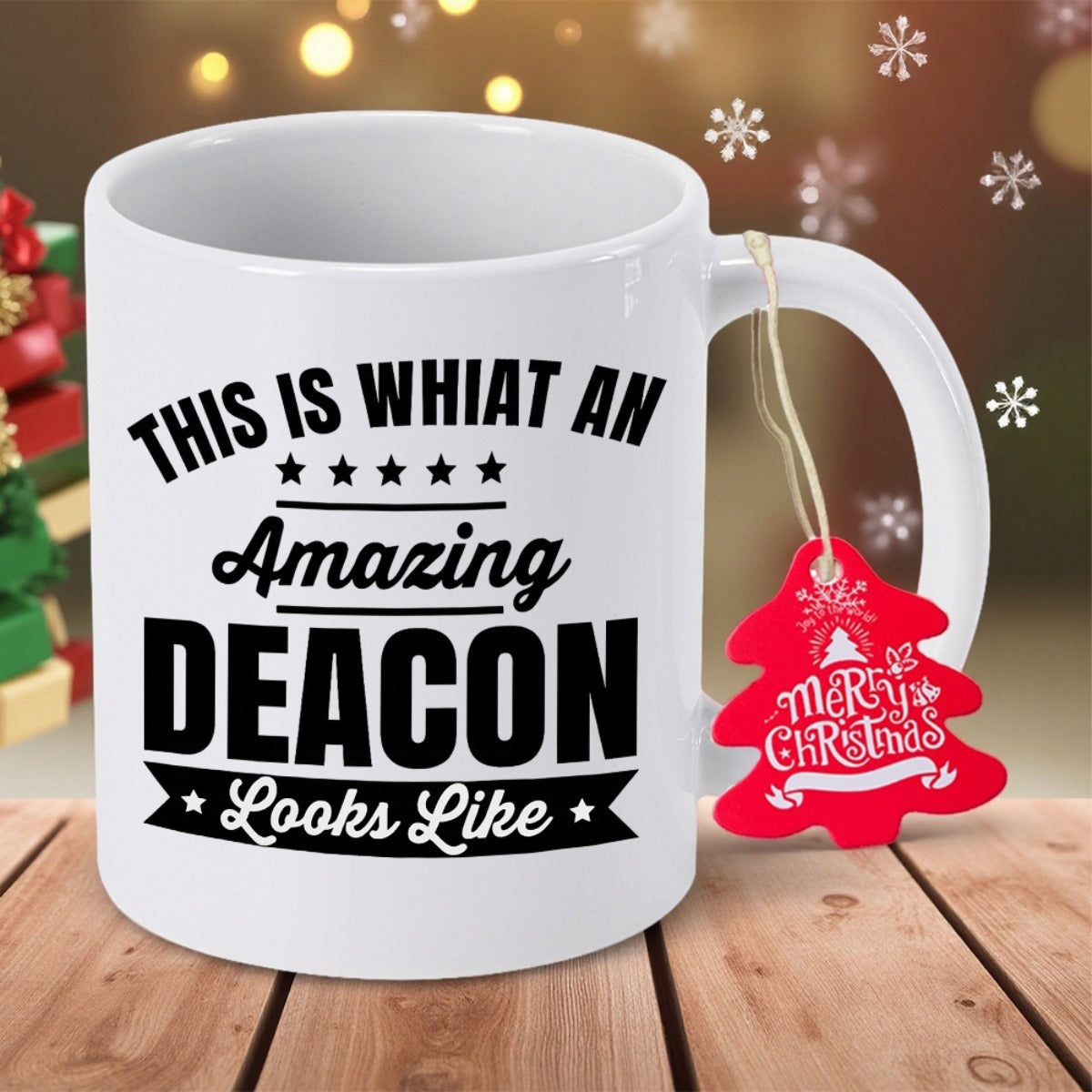 Tailorly White Ceramic 11 oz Mug - This Is What An Amazing Deacon Looks Like Bold Black Typography Featuring Five Stars And Classic Ribbon Banner Deacon