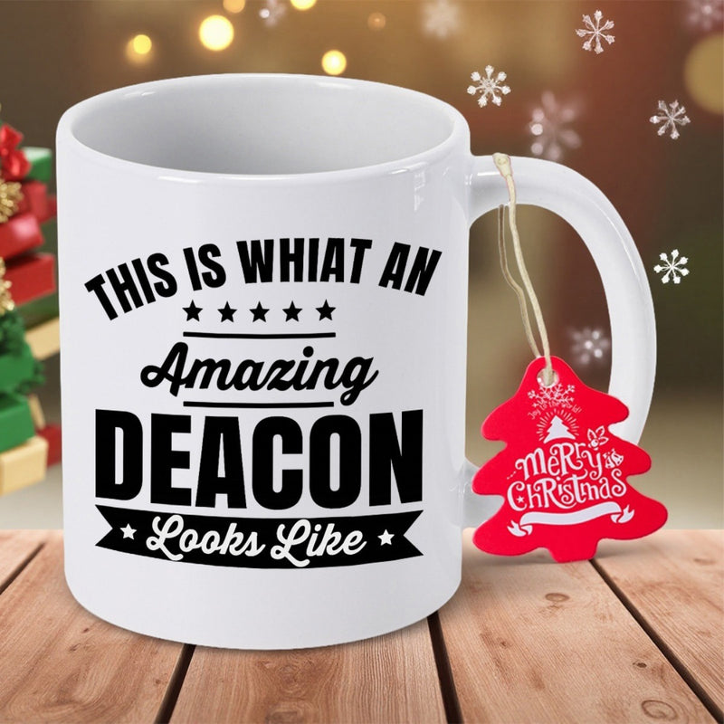 Tailorly White Ceramic 11 oz Mug - This Is What An Amazing Deacon Looks Like Bold Black Typography Featuring Five Stars And Classic Ribbon Banner Deacon