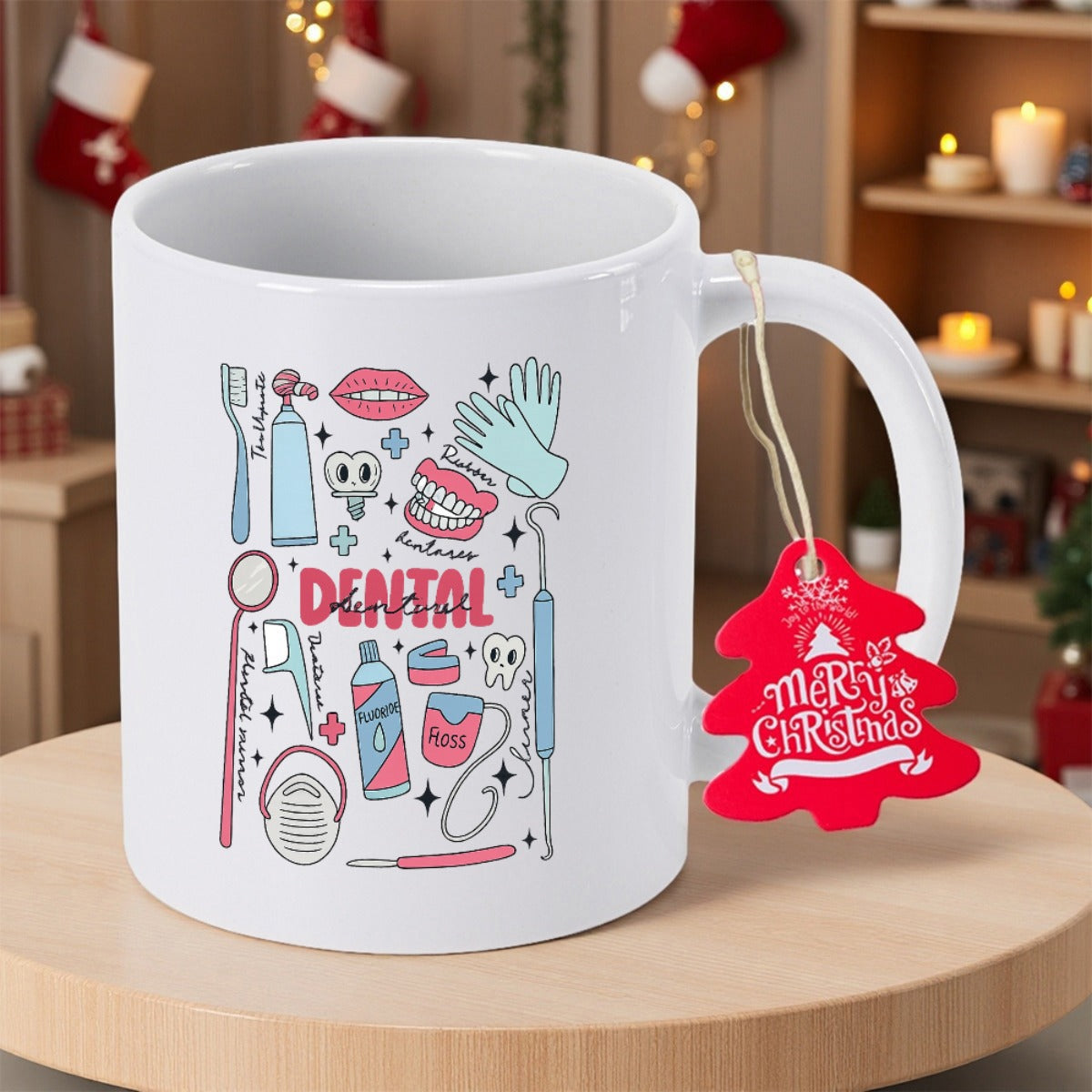 Tailorly White Ceramic 11 oz Mug - Dental Merry Christmas Various Medical Care Tools And Hygiene Equipment Arranged In Doodle Pattern