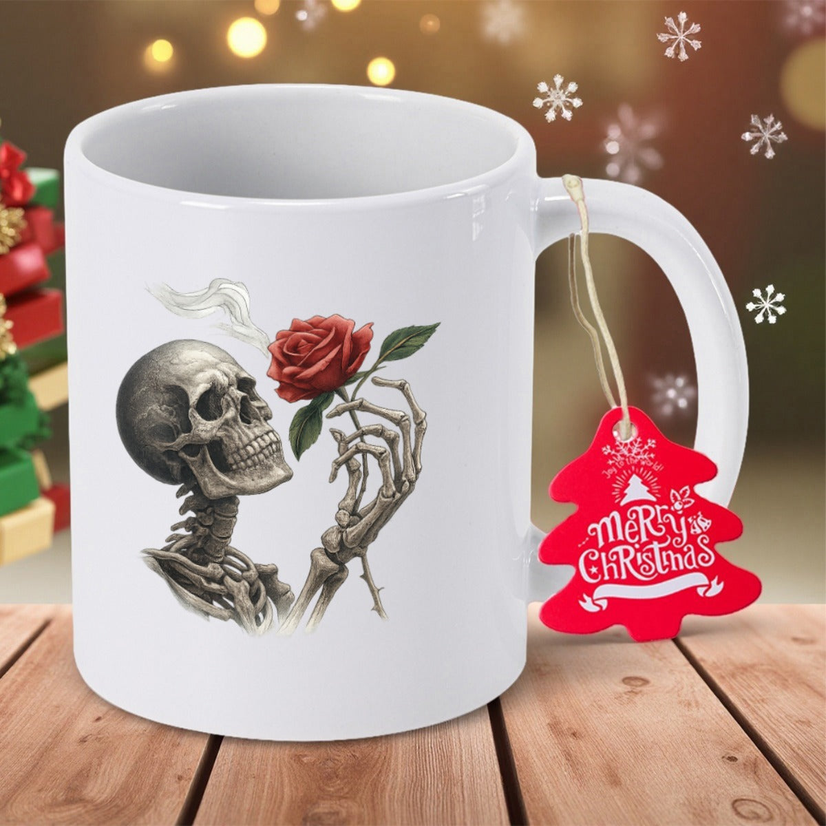 Tailorly White Ceramic 11 oz Mug - Intricate Human Skeleton Gently Holding A Vibrant Single Red Rose Stem Skeleton