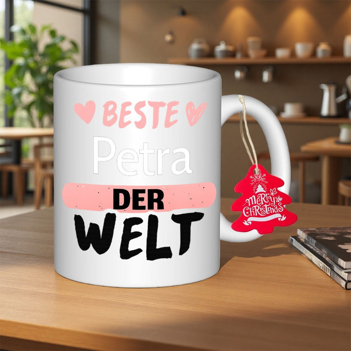 Tailorly White Ceramic 11 oz Mug - Featuring Small Pink Hearts And Festive Red Ornament Mug
