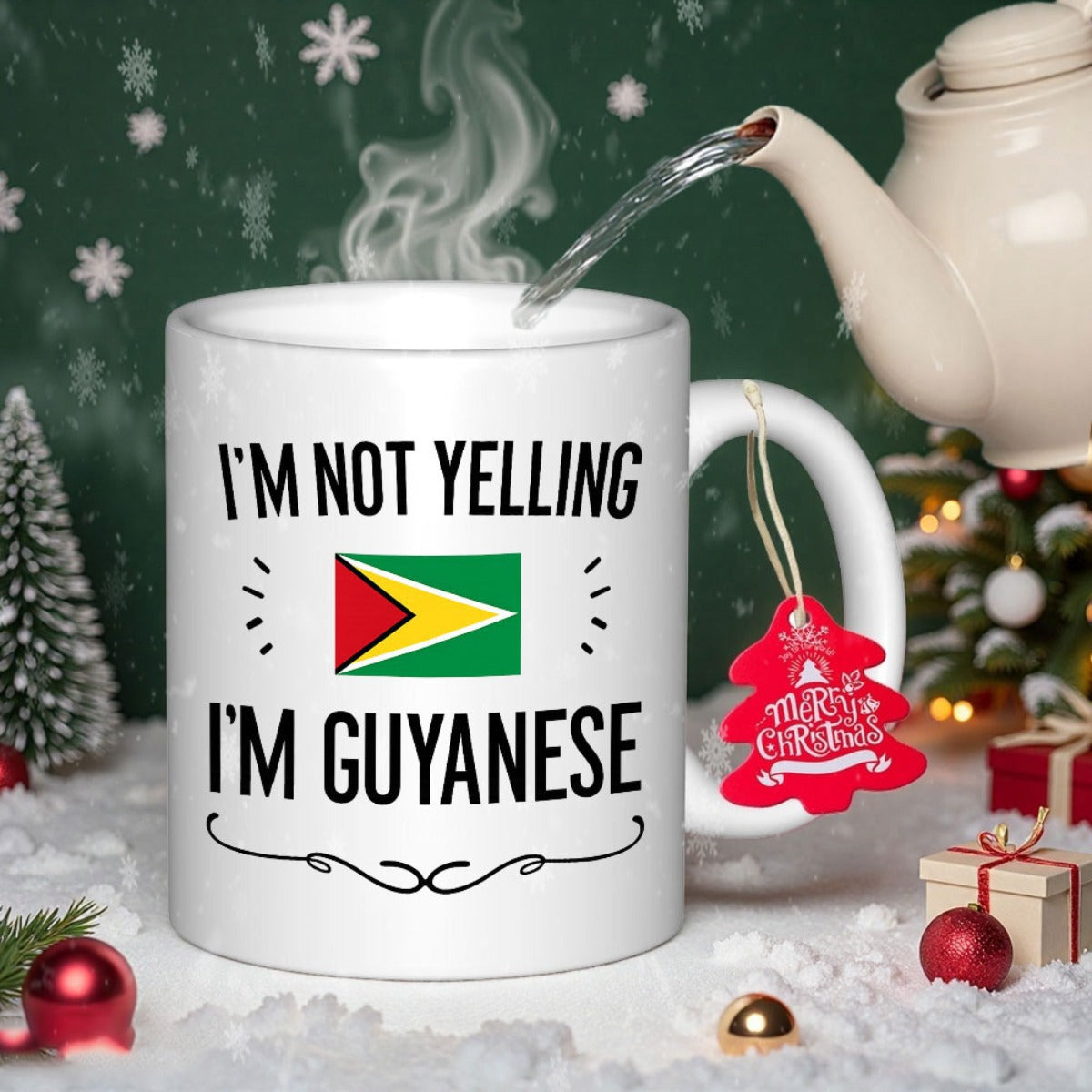Tailorly White Ceramic 11 oz Mug - Im Not Yelling Im Guyanese Vibrant National Flag Among Decorative Accents On