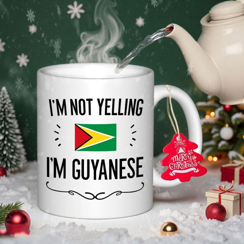 Tailorly White Ceramic 11 oz Mug - Im Not Yelling Im Guyanese Vibrant National Flag Among Decorative Accents On