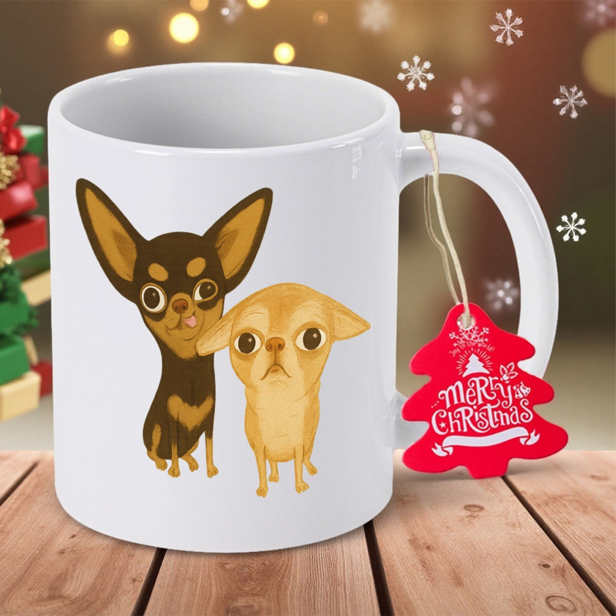 Tailorly White Ceramic 11 oz Mug - Merry Christmas Two Cute Cartoon Chihuahua Puppies Posing Together In Artistic Hand Drawn Style Chihuahua