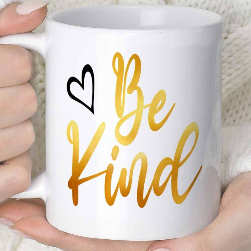 Tailorly White Ceramic 11 oz Mug - Be Kind Elegant Golden Gradient Script Font With Hand Drawn Heart Heart