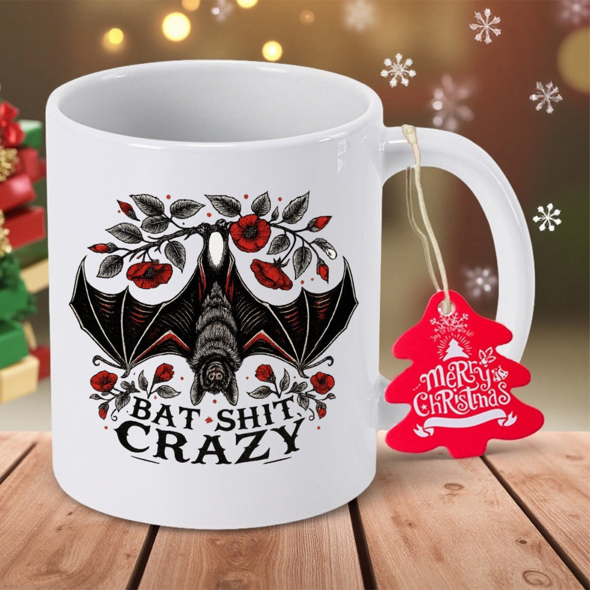 Tailorly White Ceramic 11 oz Mug - Bat Shit Crazy Detailed Gothic Style Hanging Amidst Blooming Red Roses Bat