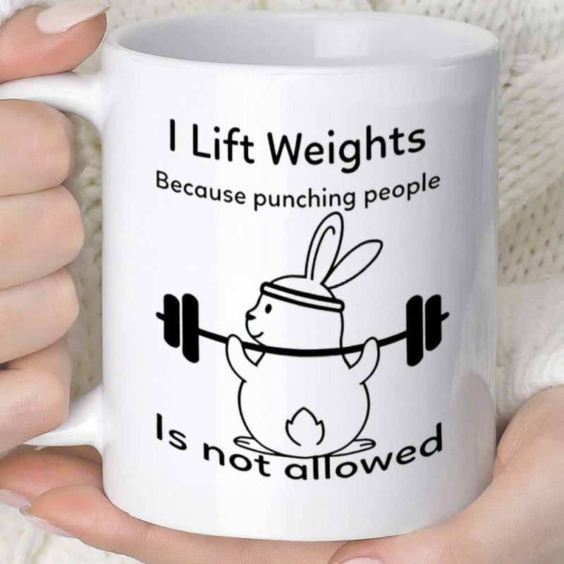 Tailorly White Ceramic 11 oz Mug - I Lift Weights Because Punching People Is Not Allowed Cute Cartoon Bunny Wearing Headband Lifting Heavy Barbell With