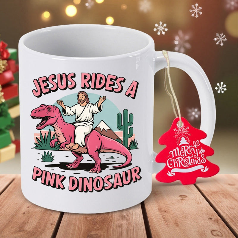 Tailorly White Ceramic 11 oz Mug - Jesus Rides A Pink Dinosaur Playful Cartoon Figure Riding Vibrant Pink Prehistoric Creature In Desert Dinosaur