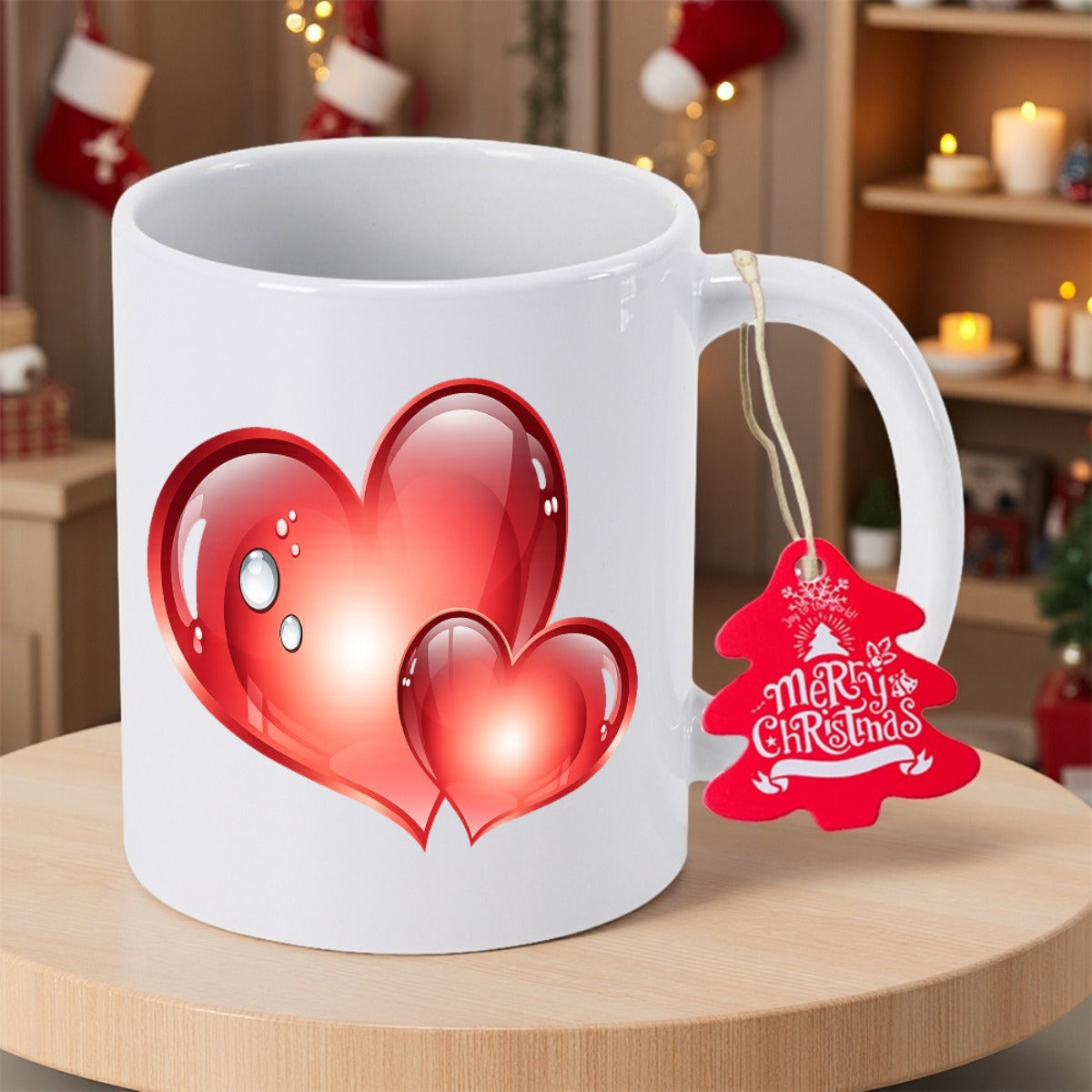 Tailorly White Ceramic 11 oz Mug - Merry Christmas Vibrant Glossy Red Hearts Shining With Reflective Light And Decorative Water Droplets Heart