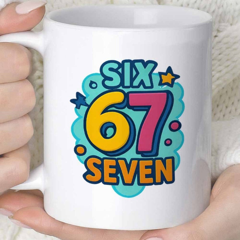 Tailorly White Ceramic 11 oz Mug - Six Seven Vibrant Cartoon Style With Playful Clouds Stars And Bold Colors Number