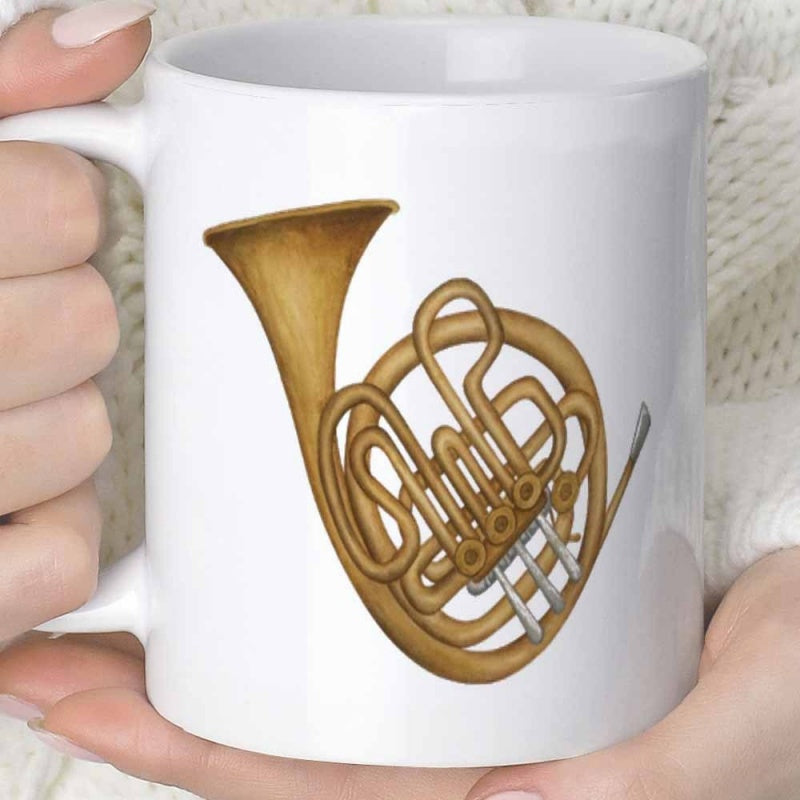 Tailorly White Ceramic 11 oz Mug - Polished Golden Brass Musical Instrument With Realistic Coiled Tubing Details French Horn