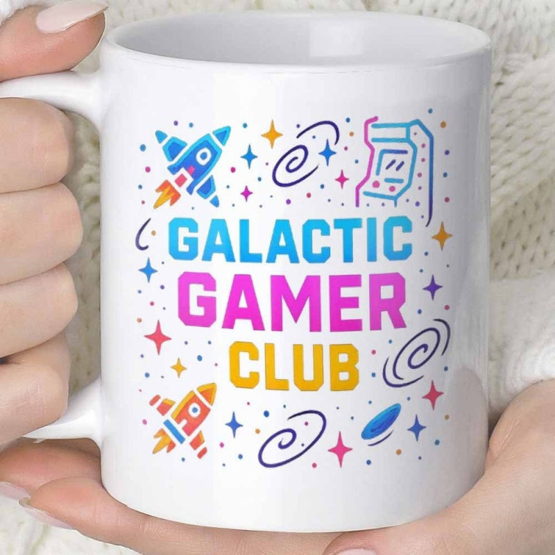 Tailorly White Ceramic 11 oz Mug - Galactic Gamer Club Retro Pixel Style Elements Soaring Among Vibrant Stars And Cosmic Spirals Design