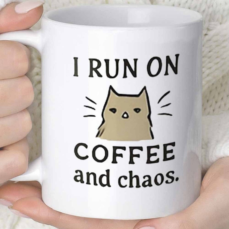 Tailorly White Ceramic 11 oz Mug - I Run On Coffee And Chaos Simple Hand Drawn Brown Furry Cat Head With Expressive Action Lines Cat