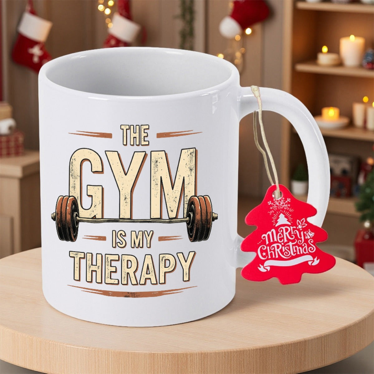 Tailorly White Ceramic 11 oz Mug - The Gym Is My Therapy Distressed Vintage Textured Lettering Integrated With Professional Weightlifting Barbell