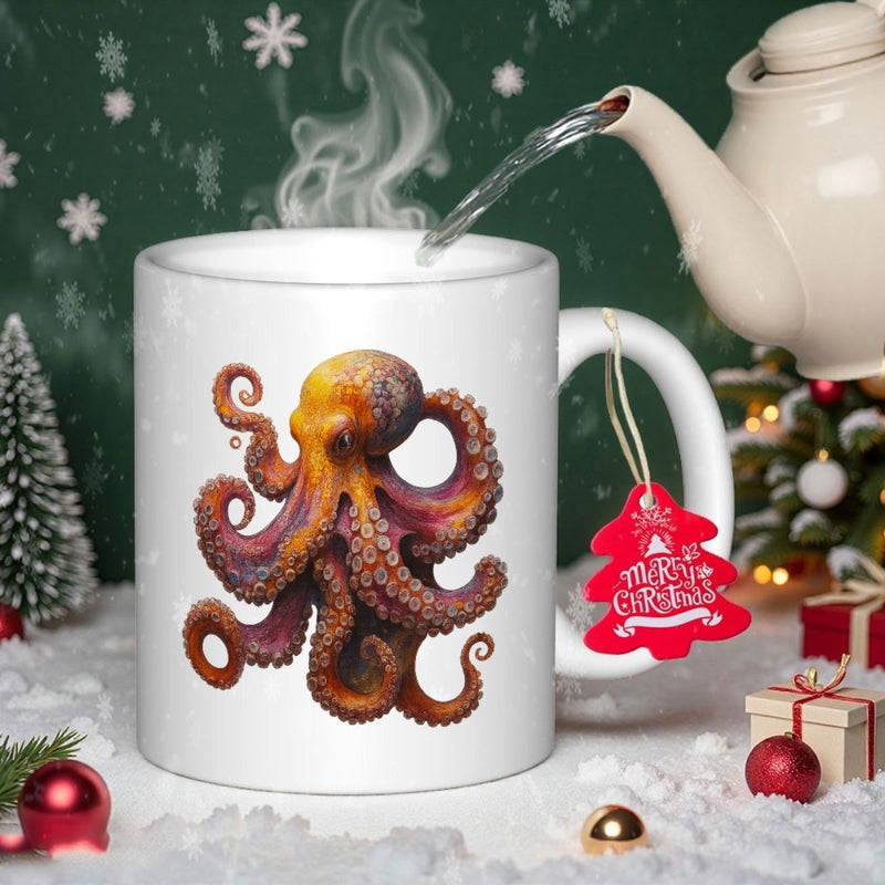 Tailorly White Ceramic 11 oz Mug - Vibrant Orange And Purple Tones With Detailed Suckers On Curling Tentacles Octopus