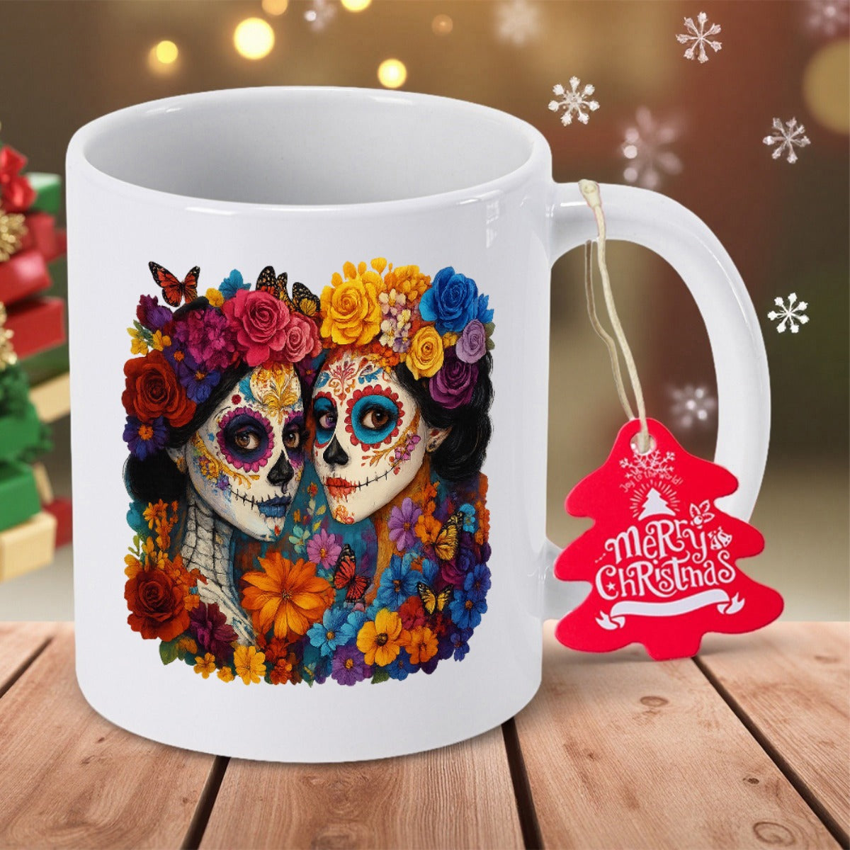 Tailorly White Ceramic 11 oz Mug - Merry Christmas Vibrant Colorful Floral Arrangement Surrounding Two Traditional Mexican Sugar Skull
