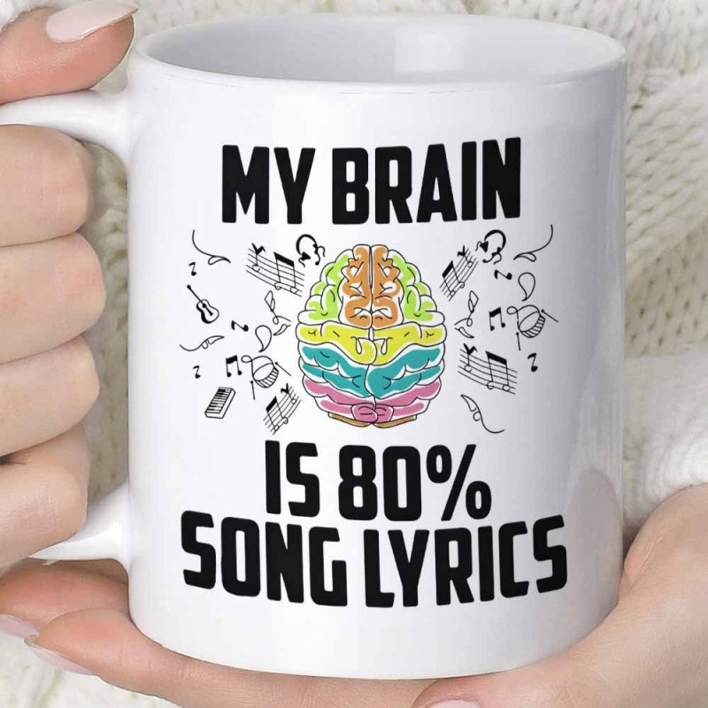 Tailorly White Ceramic 11 oz Mug - My Brain Is 80 Song Lyrics Colorful Anatomical Organ Surrounded By Various Musical Notes And Instruments Brain