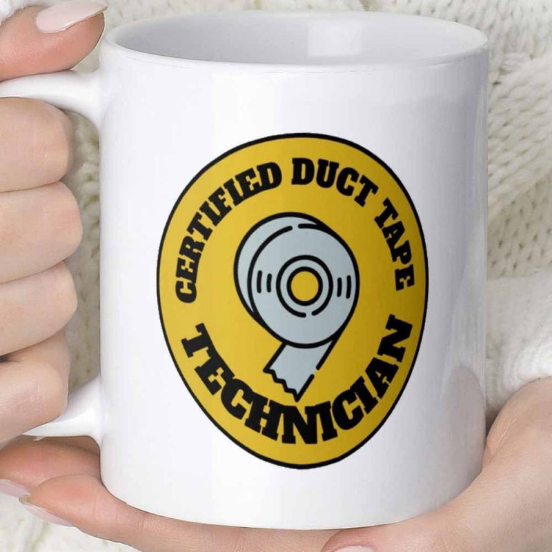 Tailorly White Ceramic 11 oz Mug - Certified Duct Tape Technician Simple Grey Roll Of Adhesive Silver Tape Within Circular Yellow Frame Duct Tape
