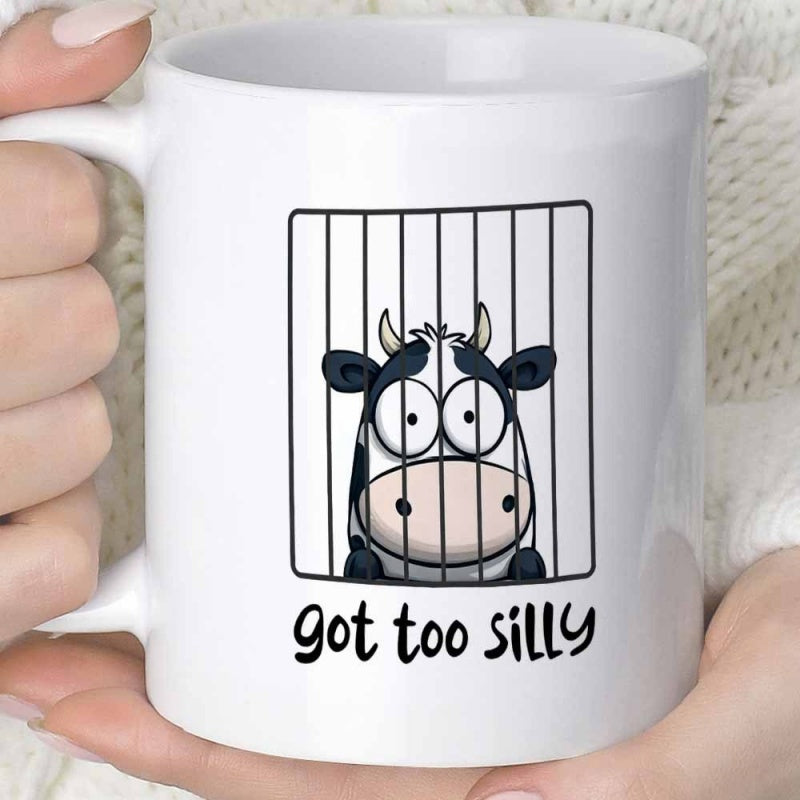 Tailorly White Ceramic 11 oz Mug - Got Too Silly Funny Cartoon Cow Peeking Through Black Jail Bars Inside Frame Cow