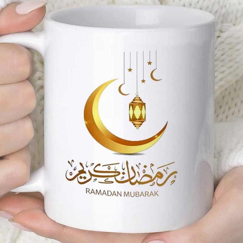 Tailorly White Ceramic 11 oz Mug - Ramadan Mubarak Elegant Golden Lantern Hanging With Stars Under Crescent Moon