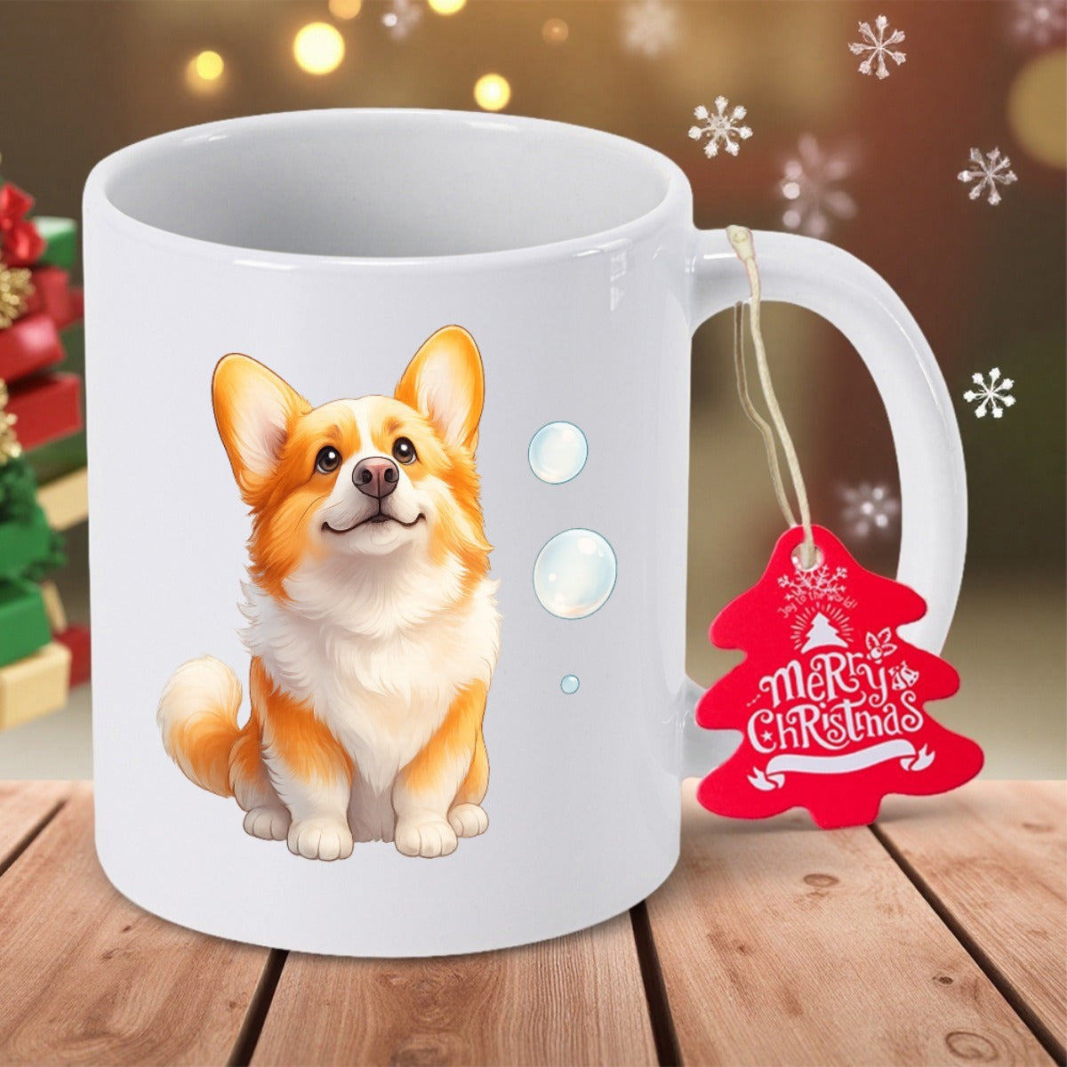 Tailorly White Ceramic 11 oz Mug - Merry Christmas Adorable Fluffy Welsh Corgi Sitting Quietly Beside Floating White Winter Snowballs Corgi