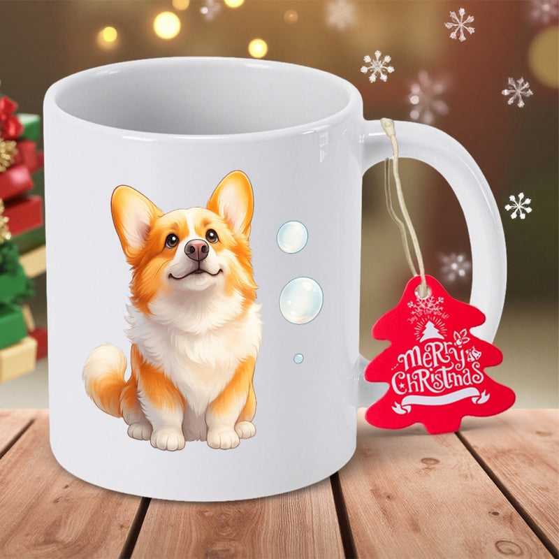 Tailorly White Ceramic 11 oz Mug - Merry Christmas Adorable Fluffy Welsh Corgi Sitting Quietly Beside Floating White Winter Snowballs Corgi