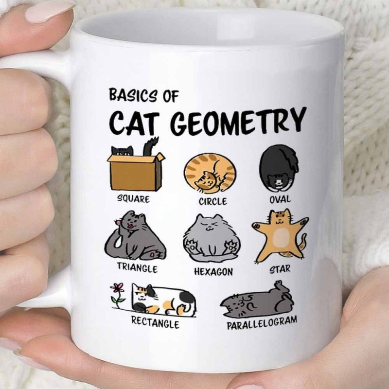 Tailorly White Ceramic 11 oz Mug - Basics Of Cat Geometry Various Cute Cartoon Kittens Posing In Diverse Geometric Shapes Cat