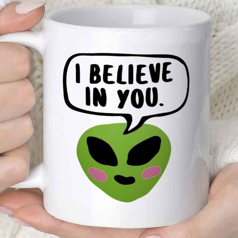 Tailorly White Ceramic 11 oz Mug - I Believe In You Friendly Green Extraterrestrial With Cute Pink Cheeks Inside A Speech Bubble Alien
