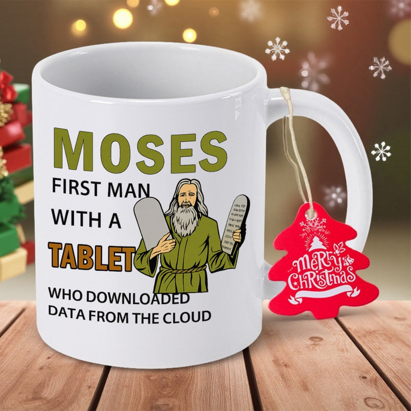 Tailorly White Ceramic 11 oz Mug - Moses First Man With A Tablet Who Downloaded Data From The Cloud Ancient Prophet Holding Sacred Stone Commandments In